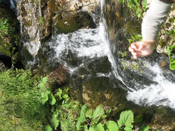 Mână întinsă spre o cascadă mică ce curge peste stânci cu mușchi