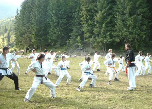 Grupă de karate exersând poziții în aer liber, în kimonouri albe