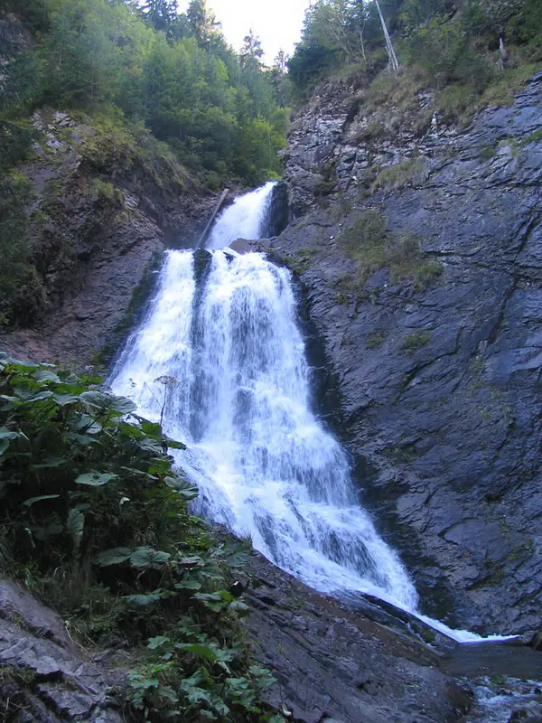 Cascada Vălul Miresei curgând peste pereți de stâncă întunecată, în pădure